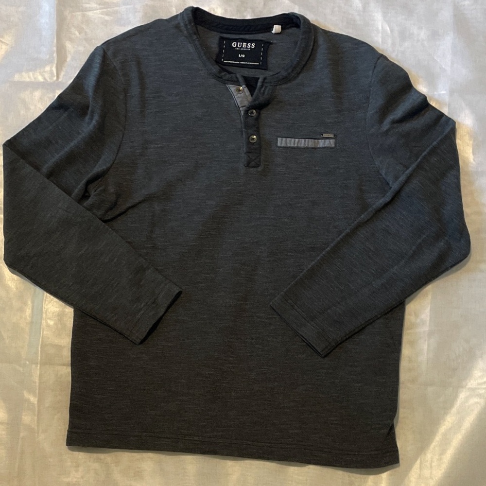 Guess Mens Charcoal Gray Long Sleeve Henley Medium